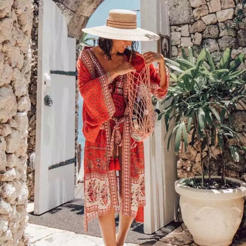 Red Boho Paisley Floral Kimono Duster Wrap Robe